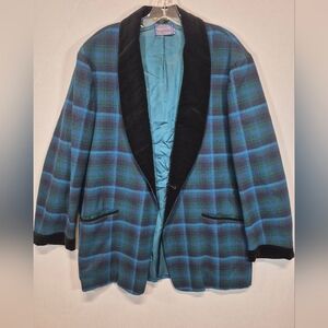 Pendleton Wool Blazer Men’s Large Blue Green Plaid Black Velvet Collar Vintage